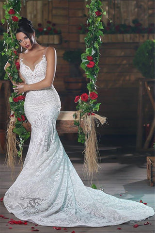 Magnifique robe de mariée sirène à col en V, longue et somptueuse, dos nu en dentelle, bretelles en tulle, vêtements de mariée