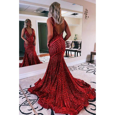 Vestido de noche largo de sirena con lentejuelas, sin mangas y escote en V y cola larga