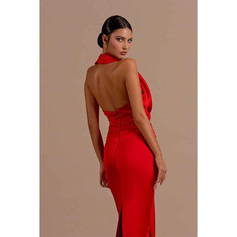 Vestido de fiesta formal largo de sirena rojo plisado con escote en V sexy