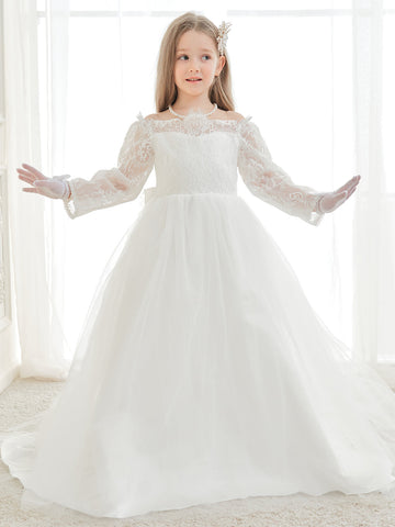 A-line Lace Tulle Floor-length Ivory Dress (2003227154)