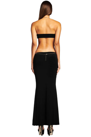 Robe de soirée maxi sexy à col halter et découpes, ornée de chaînes - Noire 
