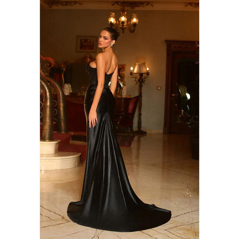 Robe de bal longue en dentelle, sans bretelles, coupe fourreau/colonne, avec fente 