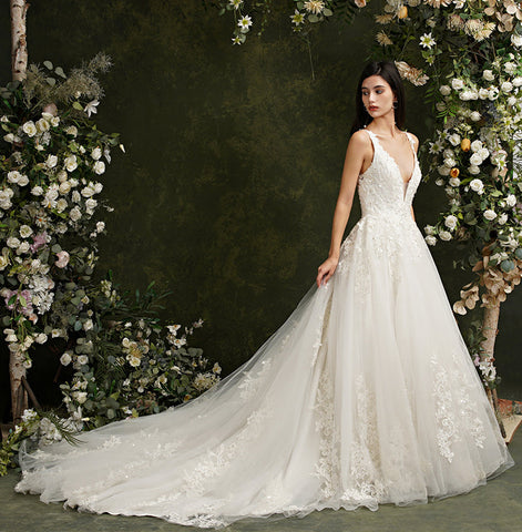 Biztunnel Long A-line V-neck Tulle Lace Backless Wedding Dresses