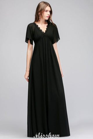 Black Chiffon A-line Bridesmaid Dress V-Neck Floor Length