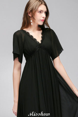Black Chiffon A-line Bridesmaid Dress V-Neck Floor Length