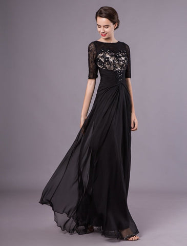 Black Evening Dresses Half Sleeves Lace Beading Chiffon Long Formal Gowns Wedding Guest Dress