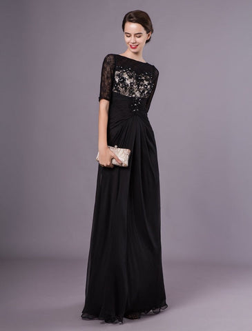 Black Evening Dresses Half Sleeves Lace Beading Chiffon Long Formal Gowns Wedding Guest Dress