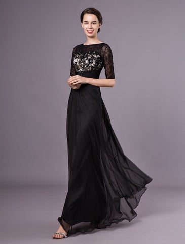 Black Evening Dresses Half Sleeves Lace Beading Chiffon Long Formal Gowns Wedding Guest Dress