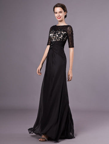 Black Evening Dresses Half Sleeves Lace Beading Chiffon Long Formal Gowns Wedding Guest Dress