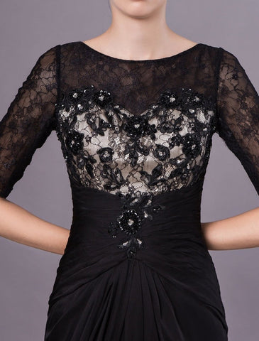 Black Evening Dresses Half Sleeves Lace Beading Chiffon Long Formal Gowns Wedding Guest Dress