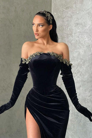 Black High-split Velvet Mermaid Prom Dress Off-the-shoulder