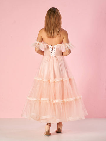 A-Line Corset Ruffled Tulle Prom Dress