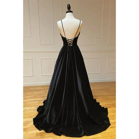 Robe de bal longue et simple en velours noir, coupe trapèze, col en V, bretelles spaghetti 