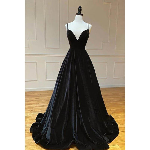 Robe de bal longue et simple en velours noir, coupe trapèze, col en V, bretelles spaghetti 