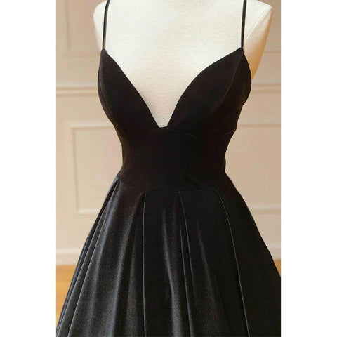 Robe de bal longue et simple en velours noir, coupe trapèze, col en V, bretelles spaghetti 