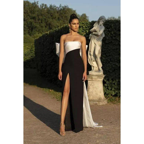 Robe de soirée longue noire et blanche, sans manches, fourreau, avec nœud