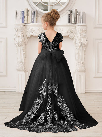 A-line Lace Tulle Sweep Train Pink Flower Girl Dress