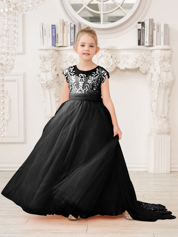 A-line Lace Tulle Sweep Train Pink Flower Girl Dress