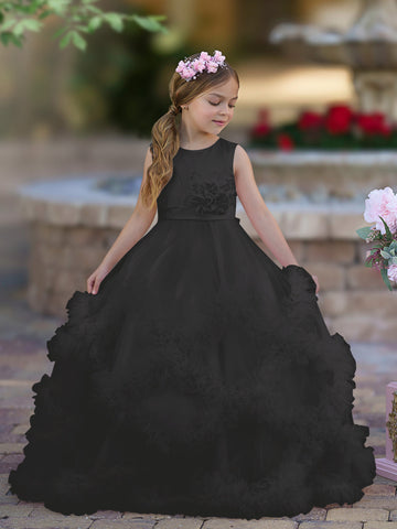 A-line Satin Tulle Floor-length Cascading Ruffles Flower Girl Dress