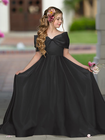 Elegant Ivory Satin Princess Ball Gown with Sweep Train and Bow for Flower Girls