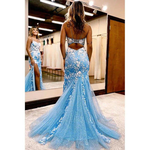Vestido de fiesta de sirena con encaje y espalda abierta en azul con abertura