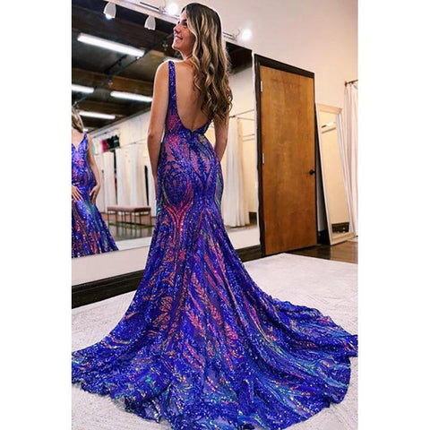 Vestidos de fiesta largos de sirena con escote en V y encaje con lentejuelas azules