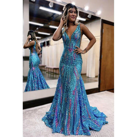 Vestidos de fiesta largos de sirena con escote en V y encaje con lentejuelas azules