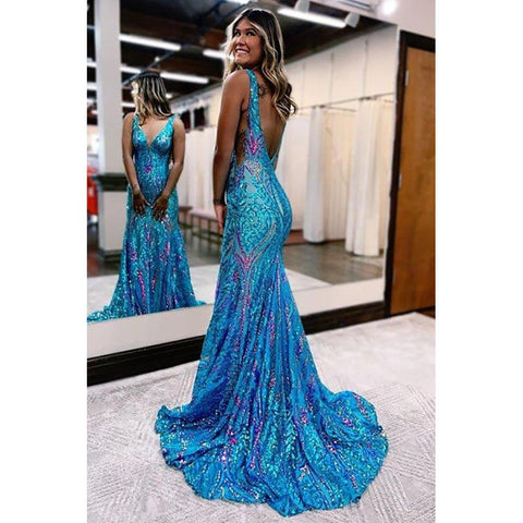Vestidos de fiesta largos de sirena con escote en V y encaje con lentejuelas azules