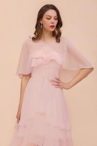 Blushing Pink Bridesmaid Dress Knee Length Simple Chiffon Girls Party Dress with Wraps