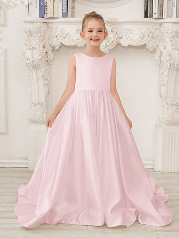 A-Line Princess Sleeveless Satin Flower Girl Dress with Sweep Train and Bow
