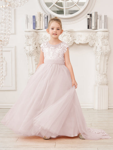 A-line Lace Tulle Sweep Train Pink Flower Girl Dress
