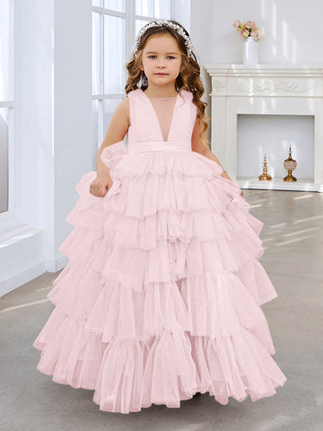 Ball-Gown/Princess Pearl Pink Sleeveless Tulle Bow Flower Girl Dress