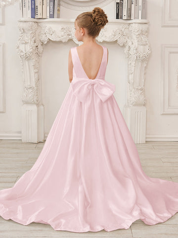A-Line Princess Sleeveless Satin Flower Girl Dress with Sweep Train and Bow