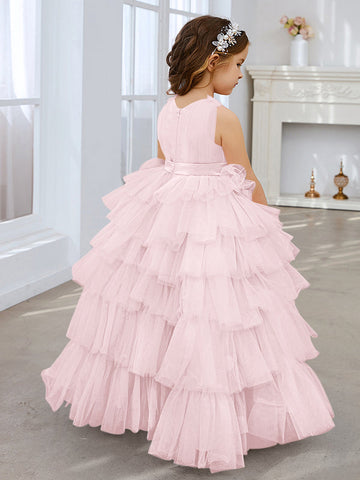 Ball-Gown/Princess Pearl Pink Sleeveless Tulle Bow Flower Girl Dress (010220814)