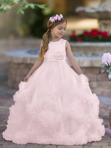 A-line Satin Tulle Floor-length Cascading Ruffles Flower Girl Dress