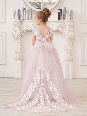 A-line Lace Tulle Sweep Train Pink Flower Girl Dress