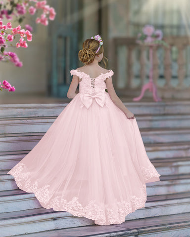 Ball-Gown/Princess Lace Sweep Train Pink Birthday Dress