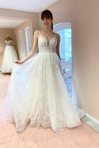Boho A-line V-neck Backless Sleeveless Wedding Dresses With Lace