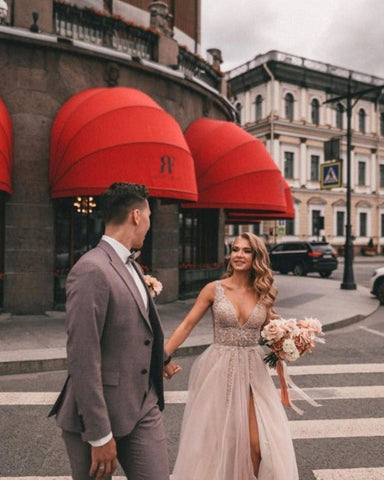 Boho A-line V-Neck Slit Wedding Dresses with Lace