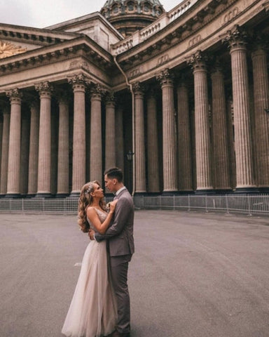 Boho A-line V-Neck Slit Wedding Dresses with Lace