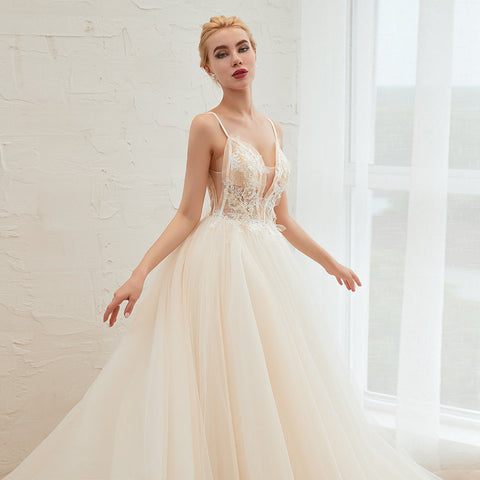 Boho Spaghetti Straps Ivory Ball Gown Tulle Aline Wedding Dress