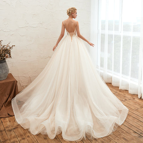 Boho Spaghetti Straps Ivory Ball Gown Tulle Aline Wedding Dress