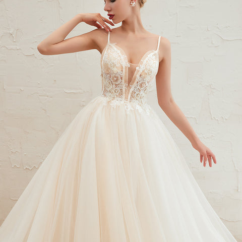 Boho Spaghetti Straps Ivory Ball Gown Tulle Aline Wedding Dress