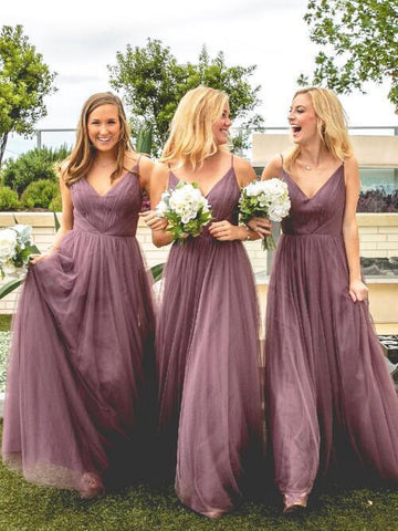Dusty Purple Tulle Spaghetti Straps A-line V-neck Bridesmaid Dresses