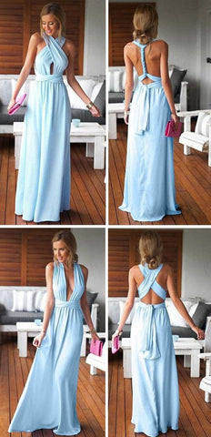Simple Convertible Summer Beach Wedding Party Dress, Blue Long Bridesmaid Dresses