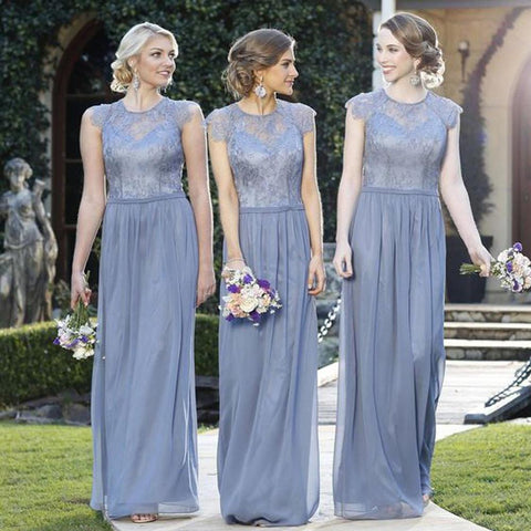 Charming Cap Sleeve A Line Cheap Lace Round Neck Long Bridesmaid Dresses