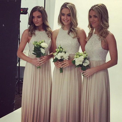 Charming Simple O Neck Lace Top Bridesmaid Dress, Long Wedding Party Gowns