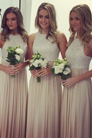 Charming Simple O Neck Lace Top Bridesmaid Dress, Long Wedding Party Gowns