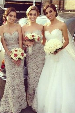 Gray Lace Sweetheart Floor Length Long Bridesmaid Dress, Wedding Party Dresses