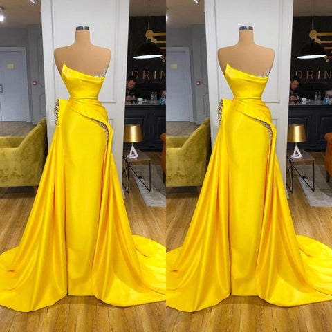 Robe de bal bustier jaune vif à sequins métallisés avec surjupe